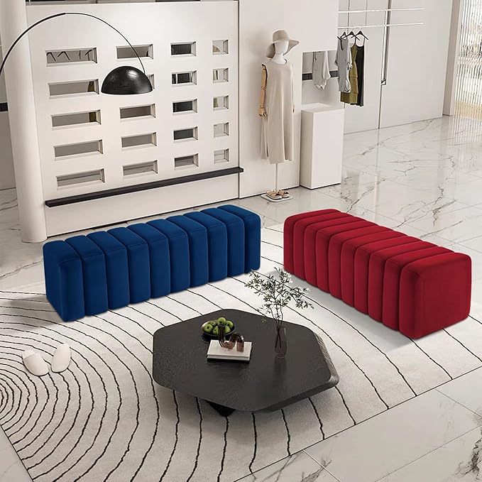 MCombo Waiting Room Benches, Guest Reception Lobby Chairs for Salon, Velvet Upholstered Ottoman for Bedroom Entryway 4698 (Red)