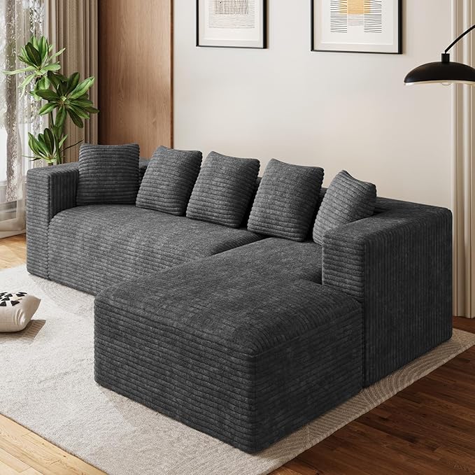 Modular Sectional Sofa, 107" L Shaped Cloud Couch Plush Corduroy Deep Seat Boneless Sofas with 5 Pillows Long Chaise Lounge Couches Memory Foam for Living Room - Dark Grey, Right Facing Chaise