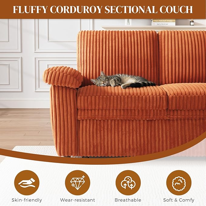 Modular Sectional Sleeper Sofa with Pull Out Bed, Storage Chaise & USB Charging, U Shaped Plush Corduroy Orange Sectional Couches for Living Room, Comfy Convertible 7 Seat Cloud Sofa Bed Orange