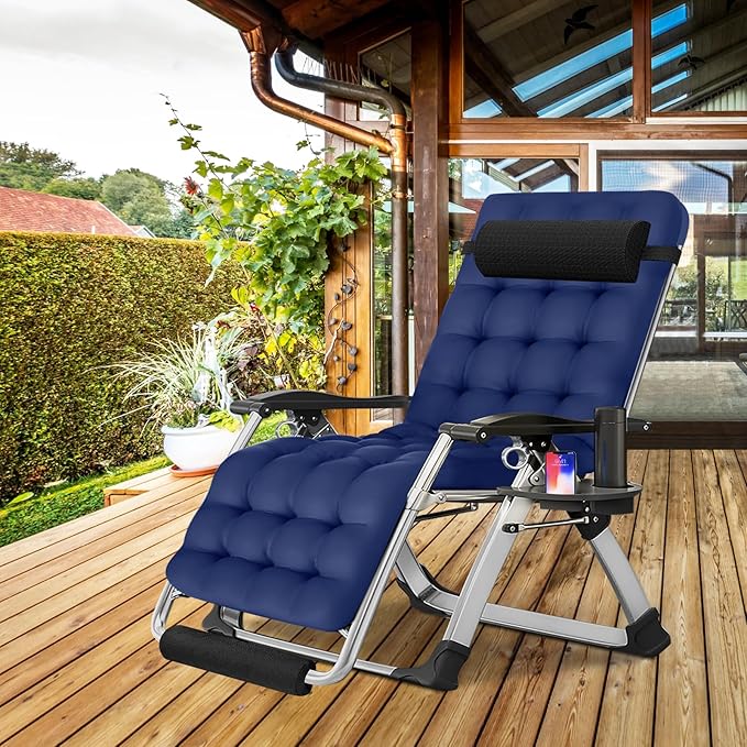 ABORON Oversized Zero Gravity Chair,29In XL Premium Outdoor Lawn Folding Lounge Chairs,Sturdy Adjustable Reclining Patio Chairs with Removable Cushion,Headrest & Tray