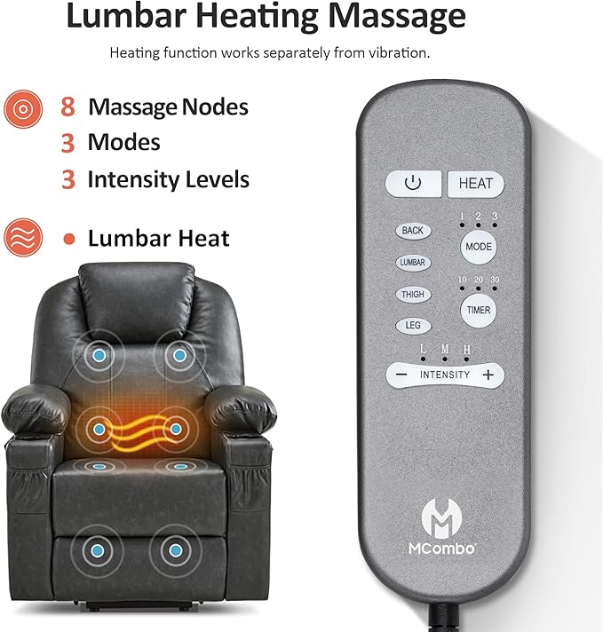 MCombo Large Power Lift Recliner Chair for Elderly, Lift Chair with Heat and Massage for Tall People, Extended Footrest, USB & Type C Ports, Cup Holders, Faux Leather 7516 (Large, Grey)
