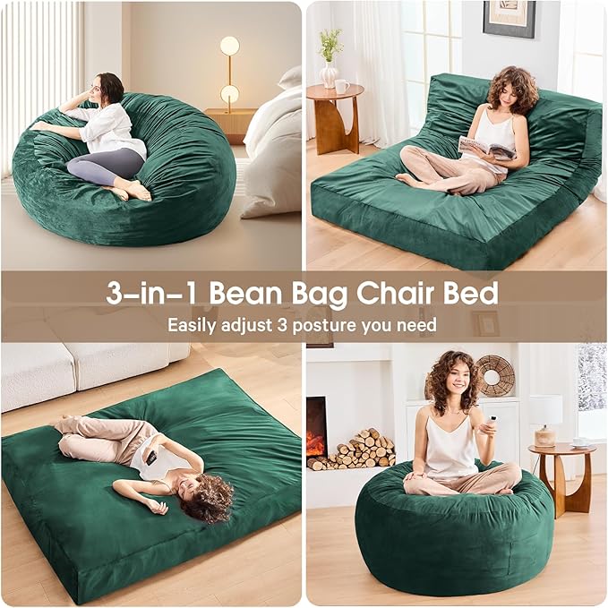Bean Bag Chairs for Adults - Giant Bean Bag Chair Convertible Bean Bag Bed - Beanbag Chair with Micro Fiber Cover/Furniture Foam Filler - Floor Couch Sofa in Bedroom Dorm Room - Full Green