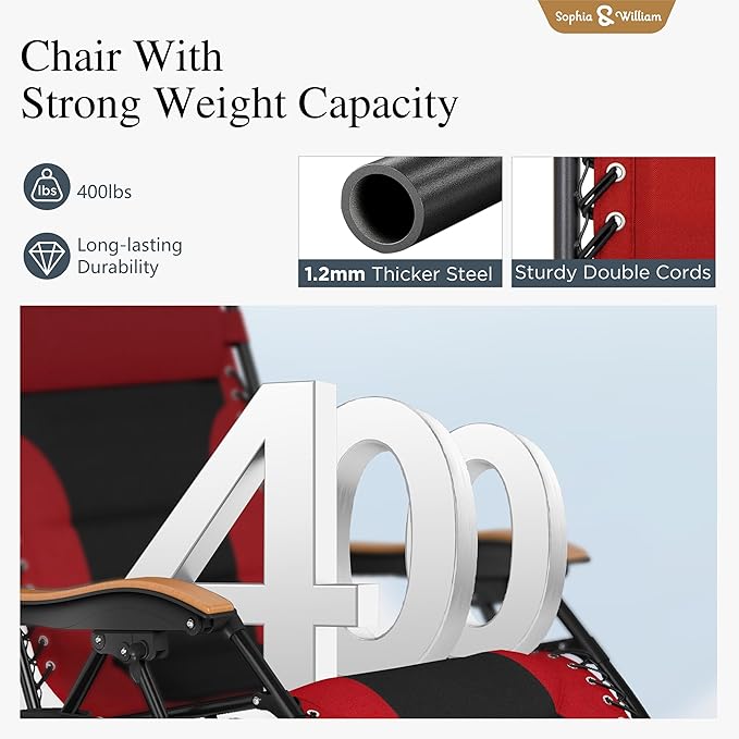 Sophia & William Oversize Zero Gravity Chair, Padded Recliner with Free Cup Holder, Supports 400 LBS (Red)