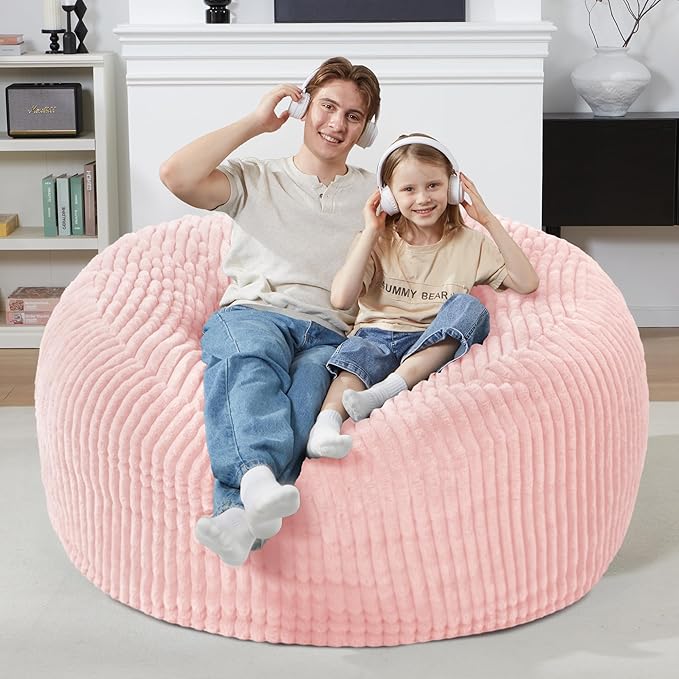 Homguava 4 FT Bean Bag Chair,4' Big Bean Bag,Large Bean Bag Chairs for Adults with Memory Foam Filled,Comfy Beanbag Chairs Soft Bean Bag Sofa with Dutch Corded Plush Cover-Soft Pink