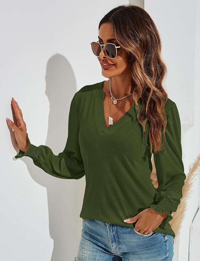 Romanstii Women's Casual V-Neck T-Shirts Loose Puff Long Sleeve Tops Tunic Blouses
