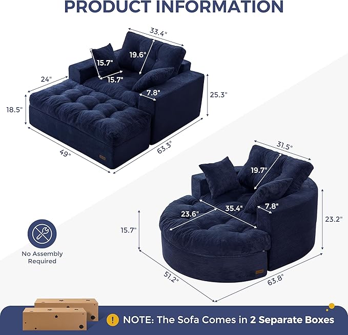 MAXYOYO Modular Sectional Chaise Lounge Sofa, 2 Sets Upholstered Lounge Chair with Ottoman, Comfy Round+ Square Couch with Layered Cushion, Tufted Sleeper Chair for Living Room, No Assembly, Navy