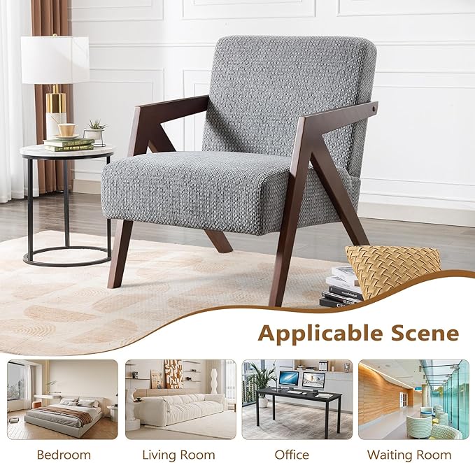 Bonzy Home Mid-Century Modern Accent Chair Set of 2 with Wood Frame, Upholstered Armchair for Bedroom & Living Room, Linen Fabric Cushion, Z-Shaped Armrest Design, Sturdy Lounge Chair