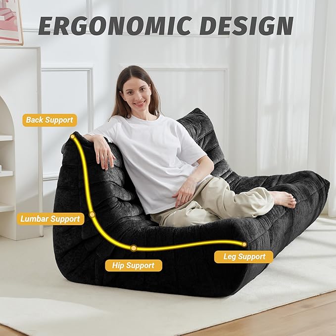 Homguava Bean Bag Chair, Giant Beanbag Chairs for Adults, Memory Foam Fireside Chair, Large Lazy Floor Sofa, Sofa Couch with High-Rebound Foam, Lounge Chair for Living Room, Bedroom (Black, 3-Seater)