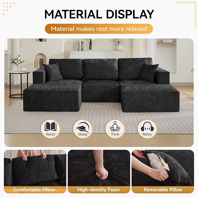 115'' U Shaped Boneless Sofa Couch, 3 Seater Modular Sectional Sofa with 2 Movealbe Ottoman, Chenille Convertible Sleeper Couch with Chaise for Living Room, Black