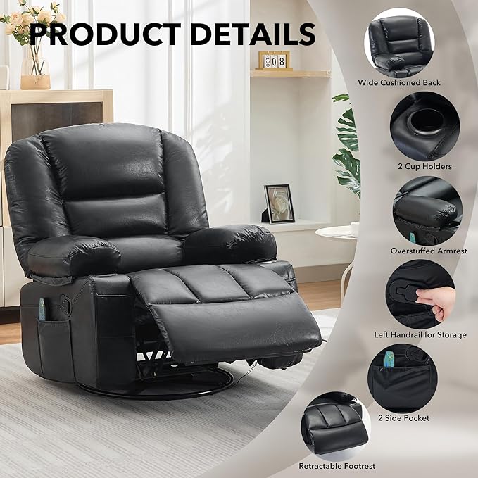 Rocker Recliner Chairs for Adults w/Vibration Massage and Heating,360° Swivel Rocker Glider Recliner,Extra Wide Manual Lazy Chair,PU Leather Overstuffed Soft Sofa Chair for Living Room,Bedroom,Black