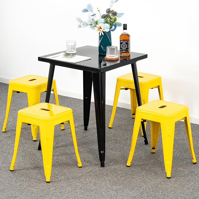 Brage Living 18 Inch Industrial Metal Stools Set of 4, Stackable Classroom Stools, Backless Metal Dining Chairs for Indoor Outdoor, Kitchen Short (Yellow)