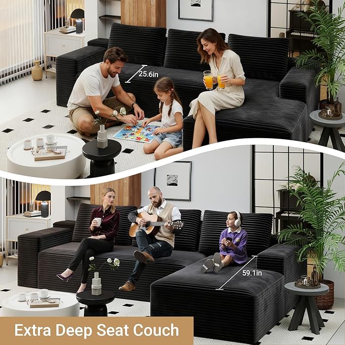 KAPEETOO Cloud Modular Sectional Sofa with Chaise Longue, Giant L Shaped Sectional Couch with Deep Seat, Oversize 3-Seater Boneless Couch for Living Room Bedroom Right Facing Chaise (Black)