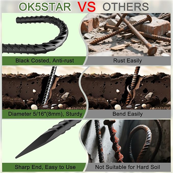 OK5STAR 16 Inch J Hook Rebar Stakes 10 Pack, Heavy Duty 5/16 Inch Diameter Black E-Coated Steel Wind Resistant Ground Anchors for Trampoline, Bounce House, Dog Kennel, Chain Link Fence & Gazebo