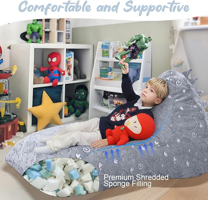 COMAX Dinosaur Bean Bag Chairs for Kids 8-12, Large Kid Beanbag Chair with Filler, Big Toddler Lounge Bean Chair, Children Lazy Floor Lounger for Girls Boys, Glowing Dino