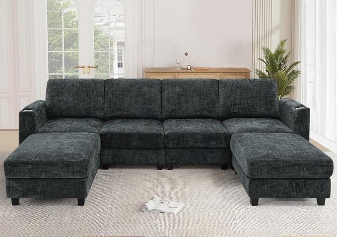 Lesofair 110" Convertible U-Shape Couch with 2 Flexible Ottomans, Soft Sectional Sofa with Durable Cup Holders, Chenille 4 Seater Sofa with Well-Filled Backrest for Living Room, House, Grey
