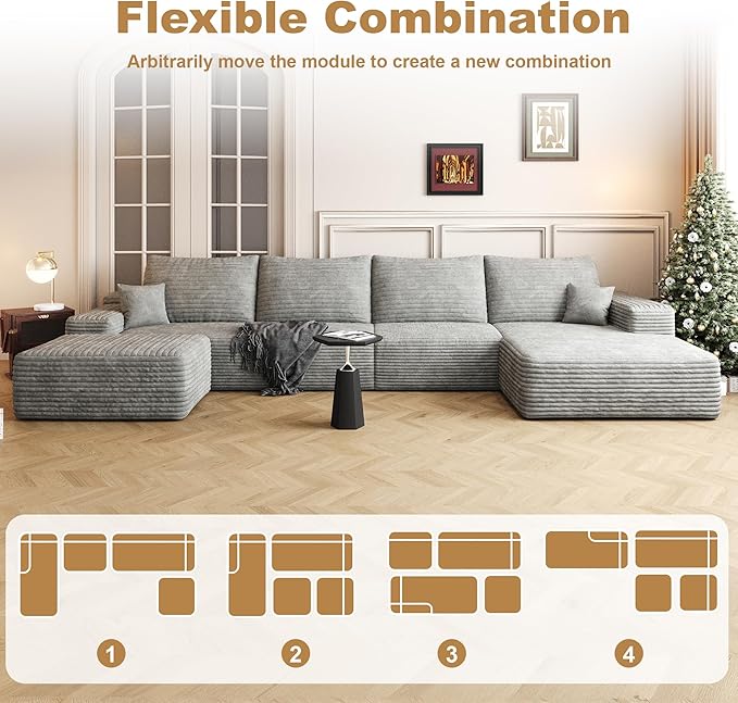 AUGOP 136" Sectional Couches for Living Room Modern Modular Sofa with L-Shape Couchs Upholstered Boneless Couch Deep Seat Sectional Couch with Chaise (Grey, Right Facing Chaise+3Seaters+Ottoman)