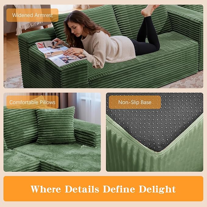 106'' Boneless Couches for Living Room, L Shaped Modular Sectional Sofa with Chaise Lounge, Faux Rabbit Fur Layered Cushion Deep Seat Cloud Couch, No Assembly (Green, 106 L Shaped Right Facing Chaise)