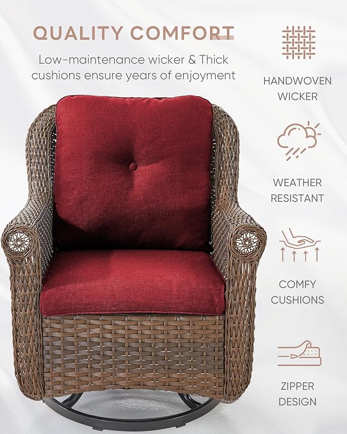 ACTREST Patio Chairs Outdoor Swivel Glider - Set of 4 High Back Outside Brown Wicker Rattan Rocking Chair with Thick Cushion for Porch Apartment Deck Yard Poolside Garden - Red