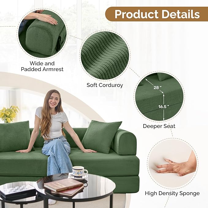 Convertible Corduroy Sleeper Sofa Bed with Cylindrical Pillows,Convertible Mattress Sofa with Fixed Shape Frame, Living Room Bedroom Lounge Studio Use Floor Sofa Lounge,Green