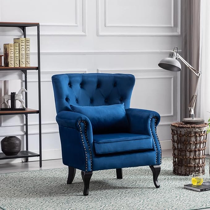 LZAREAL Accent Reading Arm Chairs Set of 2 for Living Room Bedroom, Midcentury Modern Comfy Corner Sofa Chair, Wingback Waiting Room Club Chair with Button Tufted Back &Lumbar Pillow, Velvet Blue