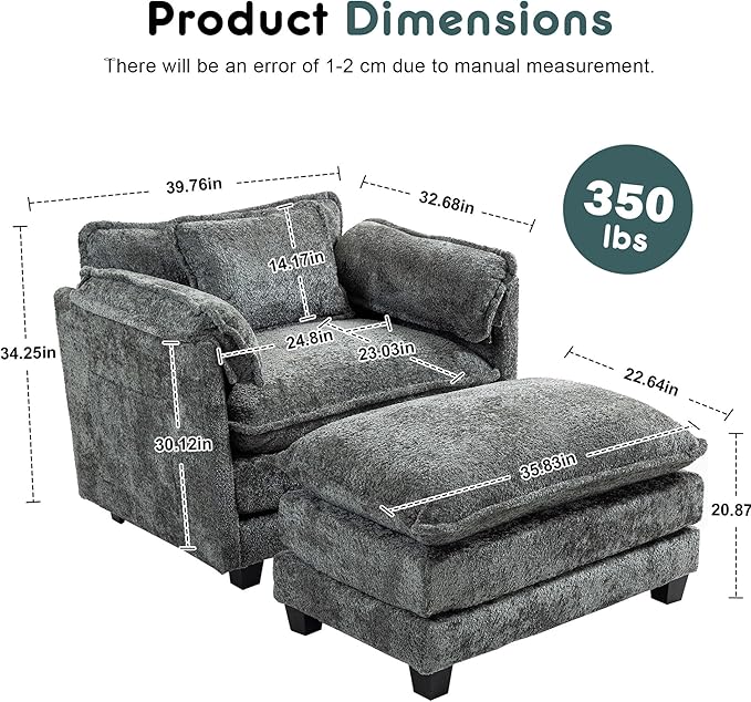 KEIKI Boucle Oversized Reading Chair with Storage & Ottoman, 40" W Modern Accent Chair W/Double Deep Cushion Seating, Comfy Upholstered Single Sofa Lounge Armchair for Living Room, Bedroom, Drak Grey