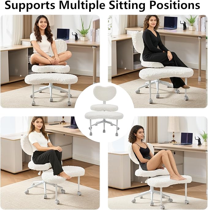 Meditation Chair with Lumbar Support,360° Swivel Cross Legged Chair with Wheels, Ergonomic Cross Legged Office Chair for Adults with ADHD, Height-Adjustable Yoga Chair, Faux Fur, Beige