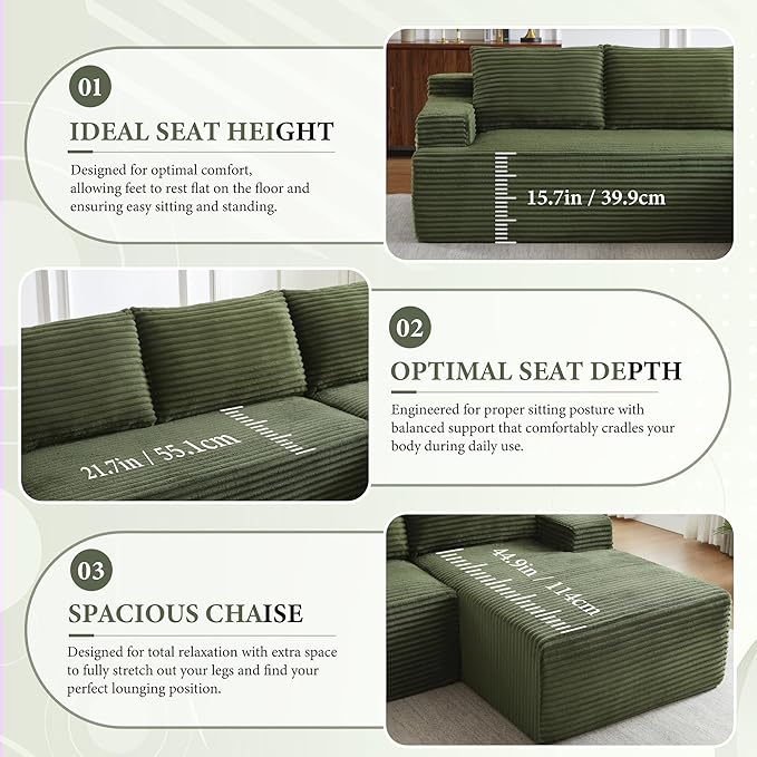 96" Sectional Couches for Living Room Cloud Couch Sofa with L-Shape Upholstered Boneless Couchs Modern Modular Sectional Couch with Chaise (Green, 96" W+Right Facing Chaise+2Seaters)