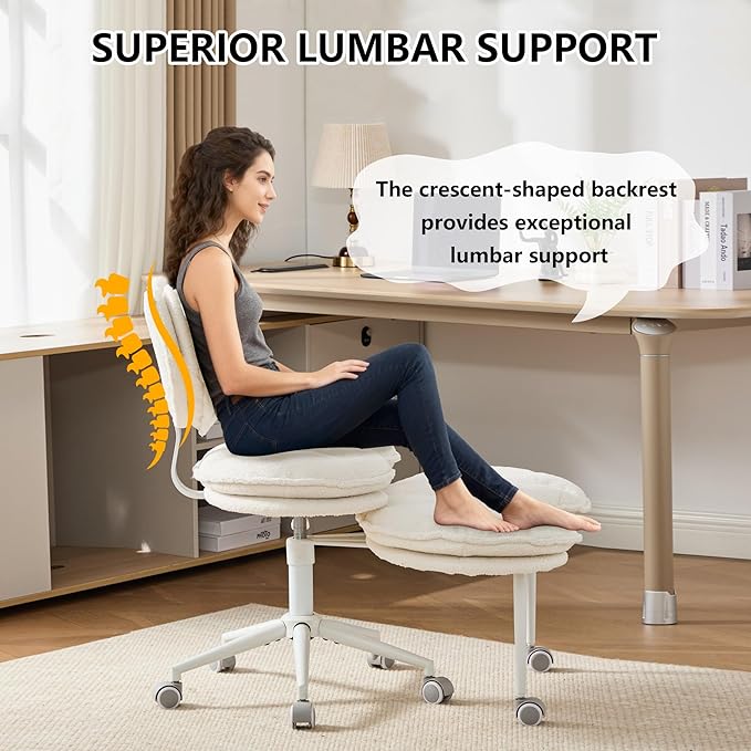 Meditation Chair with Lumbar Support,360° Swivel Cross Legged Chair with Wheels, Ergonomic Cross Legged Office Chair for Adults with ADHD, Height-Adjustable, Double Layer Design,Teddy Fabric, Ivory