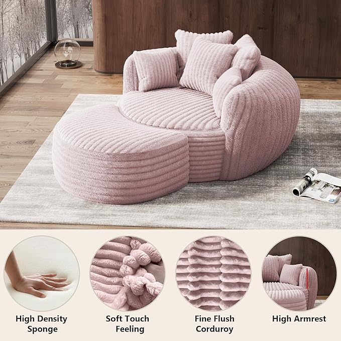 Oversized Chaise Lounge Chair Indoor with Ottoman 50.5" W x 67.0" D Round Soft Corduroy Comfy Oversized Reading Chair with 5 Pillows for Living, Reading Room - Pink