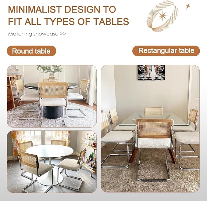 Zesthouse Rattan Dining Chairs Set of 6, Mid Century Modern Dining Room Chairs with Natural Cane Mesh & Chrome Base, White Cesca Chair Boucle Fabric, Farmhouse Kitchen Chair with Solid Wood Frame Back