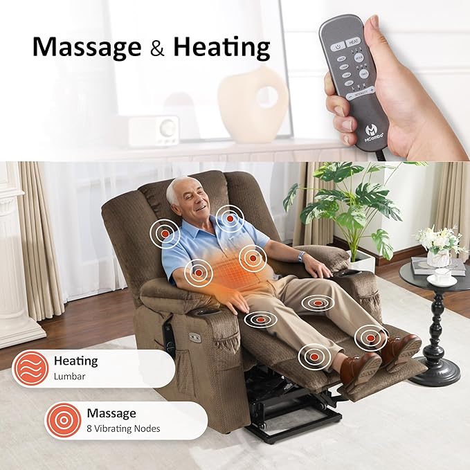 MCombo Oversized Power Lift Recliner Chair Sofa with Massage and Heat for Elderly People Petite, USB Ports, Side Pockets, Fabric R7561 (Brown, Small-Oversize)