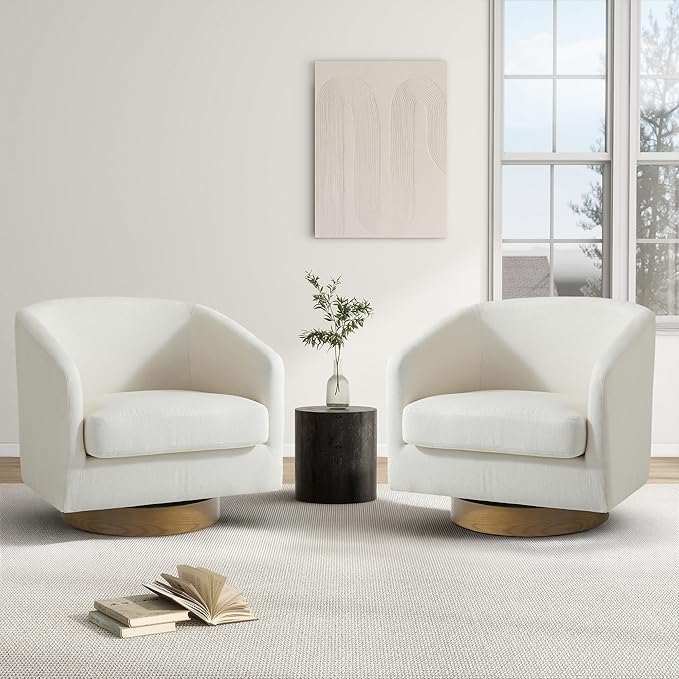 Swivel Barrel Chair, Modern Round PU Leather Accent Armchair for Living Room, Bedroom, Oversized Comfy Club Reading Chairs for Adults (Fabric Beige, Set of 2)