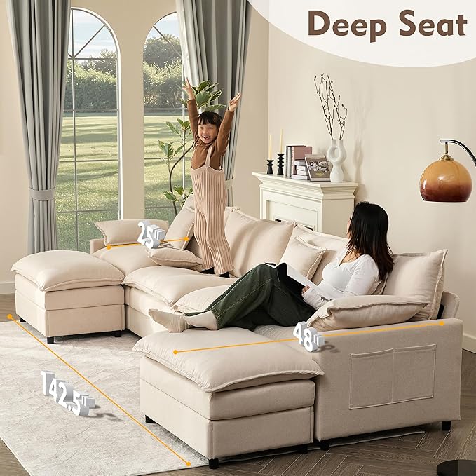 GOSUHI 142.5" U Shaped Couch, Modular Sectional Sofa, 3-Seater Comfy Cloud Couch with Movable Ottoman, Deep Seat Couches for Living Room, Linen, Beige