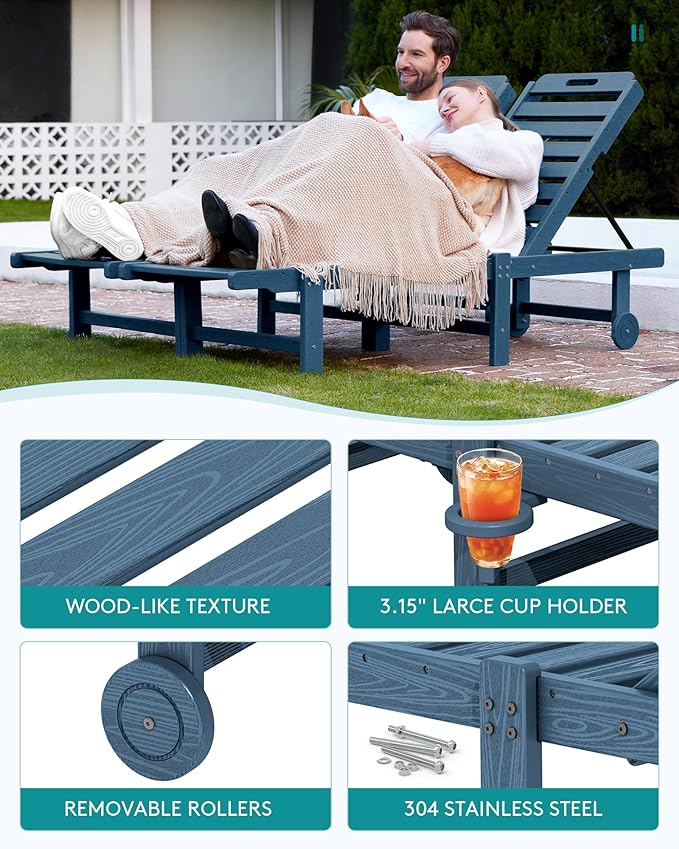 SERWALL Patio Chaise Lounge Set of 2, 78" Long Outdoor Lounger with Cup Holder and Rolling Wheels, HDPE Pool Chaise for Poolside, Deck, Sunbathing, Blue