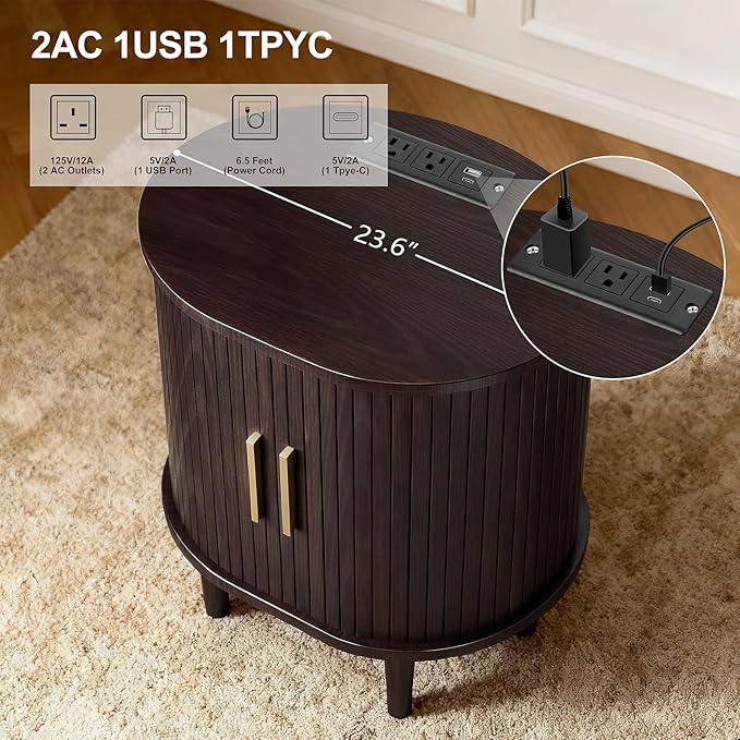 DHH Mid Century Modern Nightstand with Charging Station, Fluted Accent Side Table with Sliding Door & Adjustable Shelf, End Table for Small Space, Living Room, Bedroom,Sofa Couch(1, Brown)