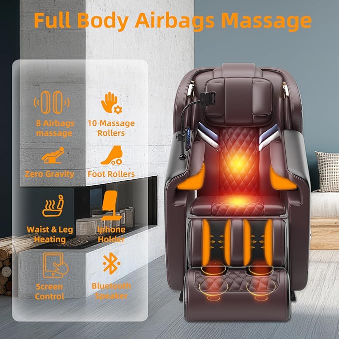 Massage Chair Full Body, 4D Zero Gravity Massage Chair Recliner with Heat, Shiatsu Massage Recliner Chair with 10 Fix Rollers, 5 Auto Modes, Foot Massage, Airbags, Control Screen