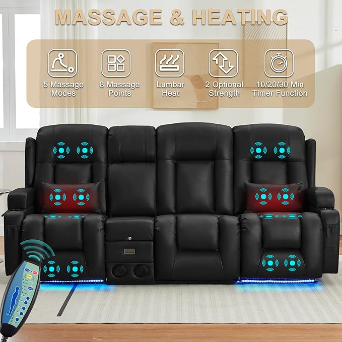 URRED Loveseat Recliner Sofa with Massage and Heat, Power Reclining Loveseat Sofa RV Couch with Console and Middle Seat, 3-Seater Home Theater Seating with LED Lights, Faux Leather, Black