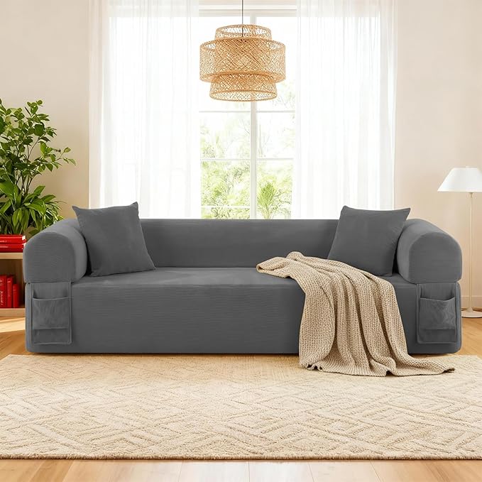 GJQ 3 Seater Couch, Corduroy Boneless Couches for Living Room,Compressed Cloud Sofa in a Box with 2 Pillows & Storage Bag,Memory Foam Floor Sofa with Armrests,No Assembly Required,Gray