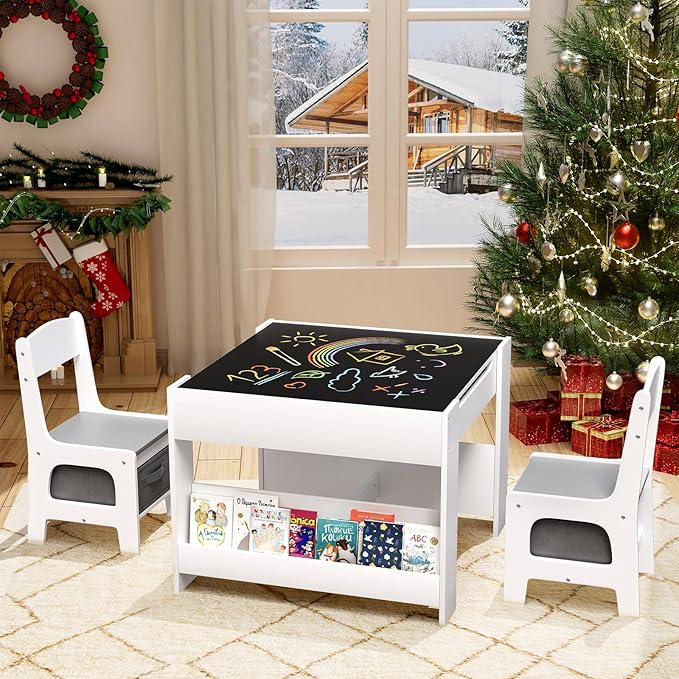 Arlopu Kids Table and Chairs Set, 4 in 1 Toddler Art Desk with Storage Drawer, Wooden Activity Deskboard, Blackboard, Reversible & Detachable Tabletop, Bookshelf for Drawing, Reading (Grey & White)