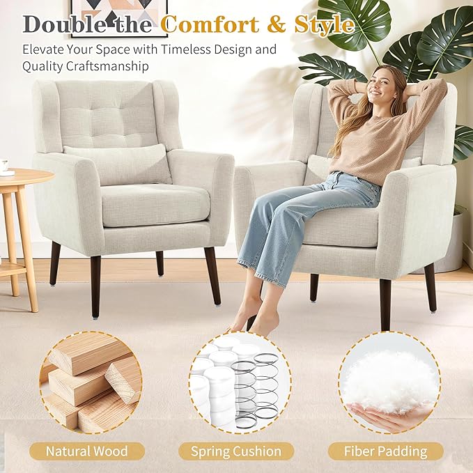 QKFF Modern Accent Chair, Upholstered Armchair with Pillow, Fabric Single Sofa Chair with Lounge Seat and Wood Legs Accent Chair for Living Room Bedroom Small Spaces (Beige, Set of 2)