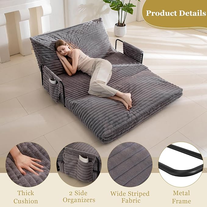 YOSHOOT Adjustable Lazy Floor Sofa Bed, Convertible Bean Bag Sofa Bed Couch, 5-Position Foldable Sleeper Chair with Armrest, Versatile Floor Seating Sofa for Reading Gaming（Grey）