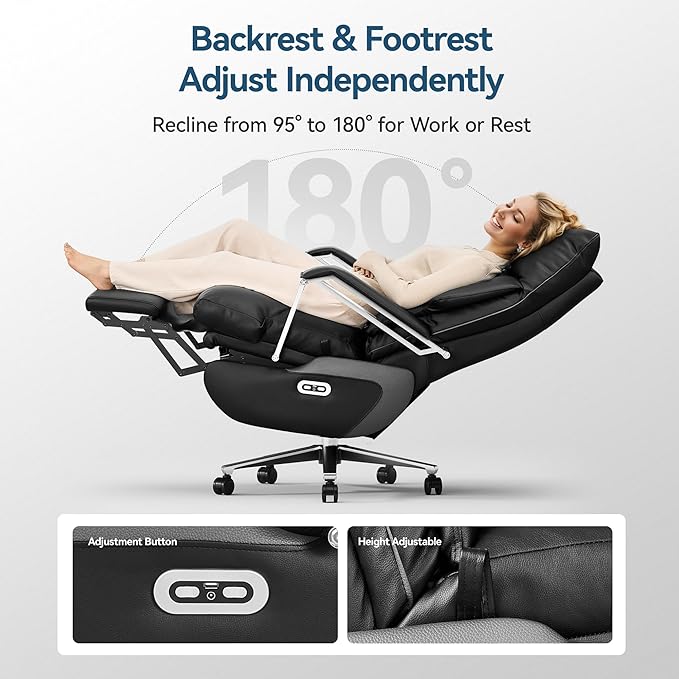 M80 Dual Motor Electric Executive Office Chair with Footrest, Comfortable Reclining Office Chair Wide Seat, Big and Tall Ergonomic Leather Home Office Desk Chair (Black,No Massage)
