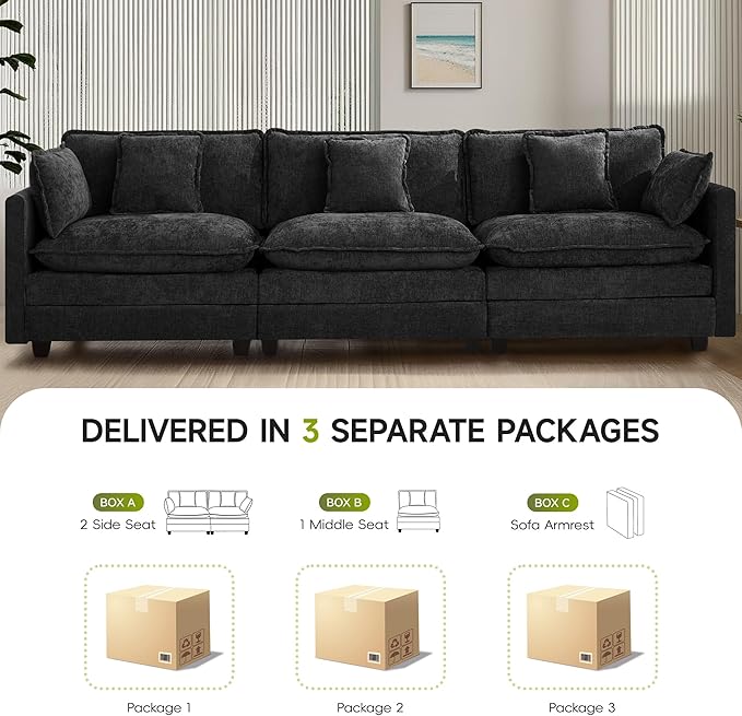 UMBFUN 3-Seater Cloud Couch, Oversized Modular Sectional Sofa with Deep Seat Soft Cushions, Comfy Chenille Couch for Living Room, Apartment & Family Space, Dark Grey