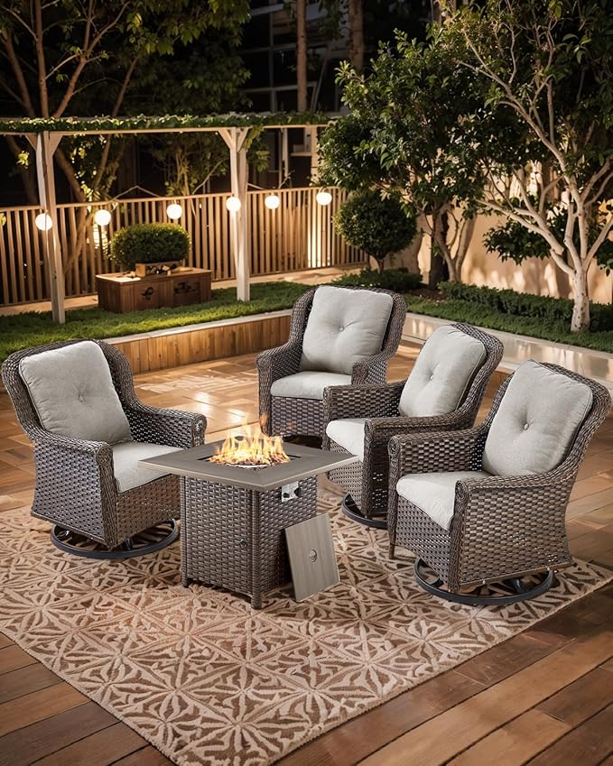 ACTREST Outdoor Patio Swivel Gliders with Fire Pit Table 5 Piece Set - High Back Brown Wicker Rattan Rocking Chair with Thick Cushion for Porch Apartment Deck Yard Poolside Garden - Beige