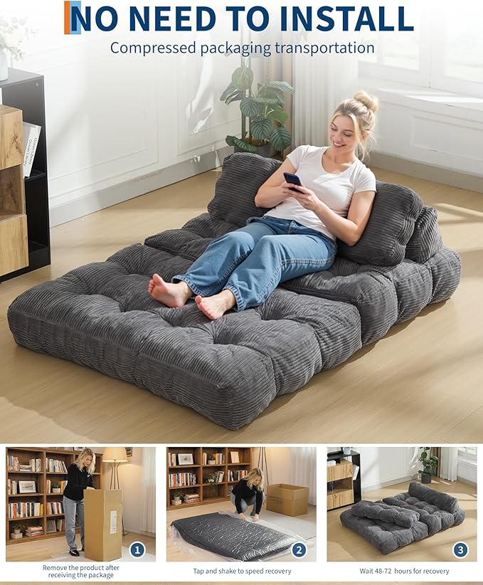 Garvee Folding Sofa Bed, Convertible Sleeper Chair with Pillow Foldable Mattress with Back Support, Boneless Fold Out Chair Bed Comfy Floor Sofa Lounge for Living Room, Bedroom, Dark Gray, Full