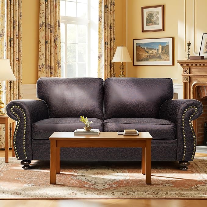 Couchus Mid-Century Vintage Sofa Couches with Rivet Design,loveseat Sofa,Removable Sofa Cover Upholstered Cushions and Solid Wood Frame (Brown, Loveseat)