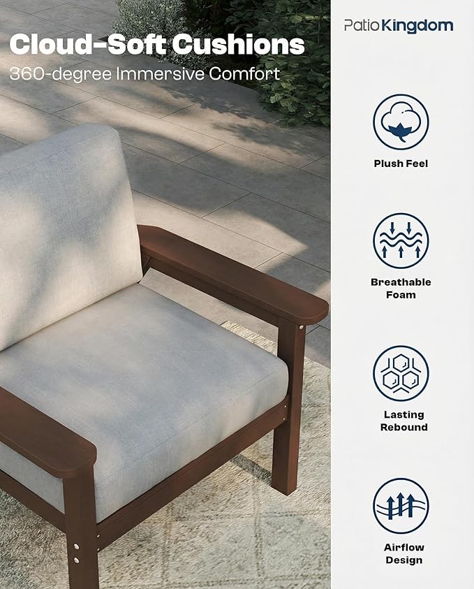 Patio Kingdom 7 Piece Patio Furniture Set, HDPE Outdoor Sectional with Gray Washable Thick Cushions, Coffee Table & Side Table, Patio Conversation Sets for Lawn, Garden, Porch, Balcony (Brown Frame)