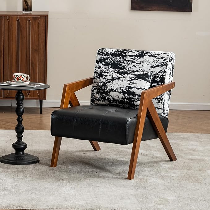 Mid-Century Modern Accent Chair with Solid Wood Frame，Upholstered Leather Living Room Arm Chairs with Pillow for Bedroom, Living Room, Reading Room, Balcony, Black