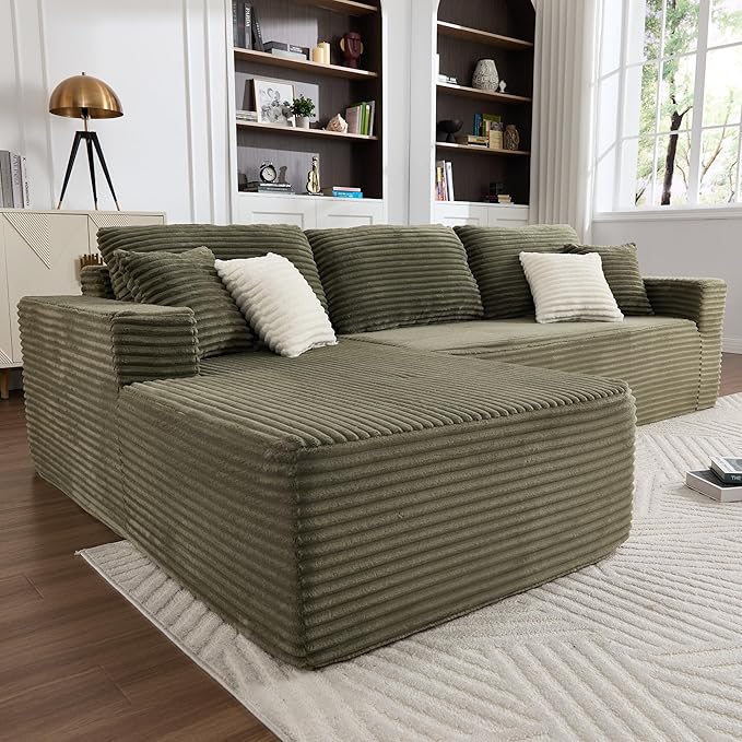 Opiesit 108" Boneless Couches for Living Room, Modular Sectional Sofa with Oversized Chaise, L-Shape Cloud Couch with Deep Seat, High-Density Memory Foam, No Assembly Required, Plush Corduroy Green