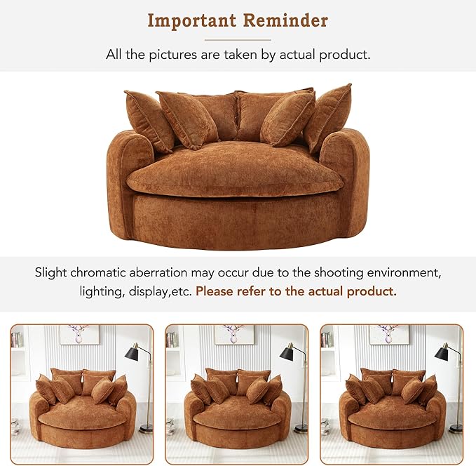 LUMISOL Boneless Couch with 8 Throw Pillows, Full-Compressed, 59.8" Upholstered Single Cloud Sofa Chair, Round Chaise Sofa for Living Room Apartment Office Small Space, Orange